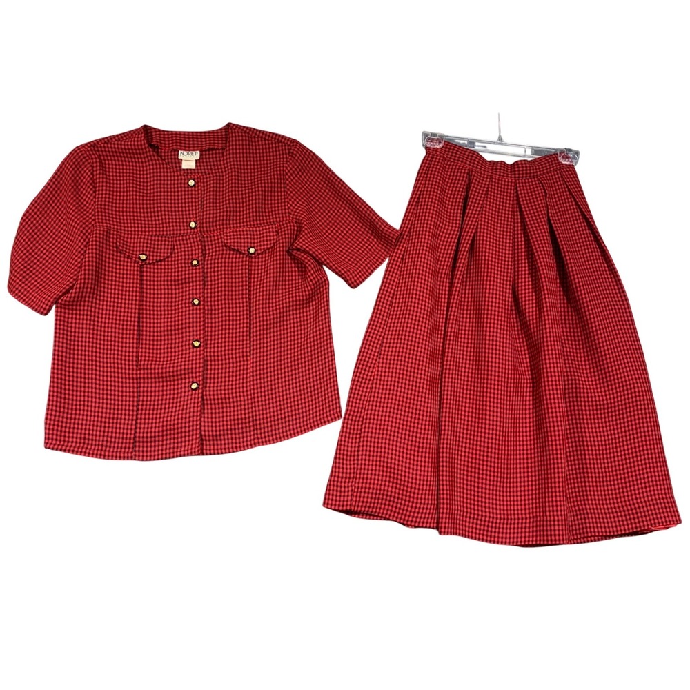 Koret Petites Vintage Red Black Gingham Check 2 Piece Skirt Suit Set Size 8P‎